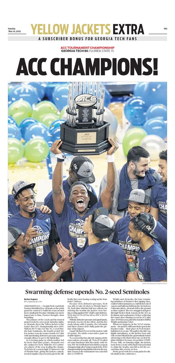Georgia Tech's victory on Saturday in the ACC basketball championship is marked in a special edition page of the AJC ePaper on Sunday.