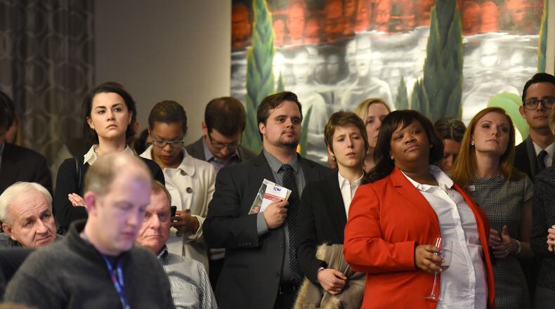 A crowd listens to panelists speak about Georgia's "religious liberty" bill last month. AJC file