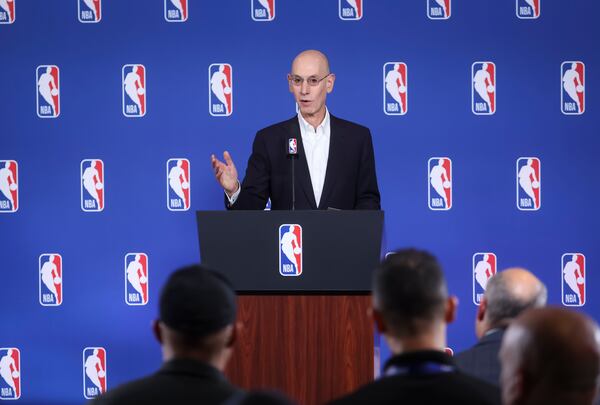 NBA Commissioner Adam Silver speaks during a news conference following a meeting of the NBA's board of governors, Tuesday, July 15, 2025, in Las Vegas. (Chase Stevens/Las Vegas Review-Journal via AP)