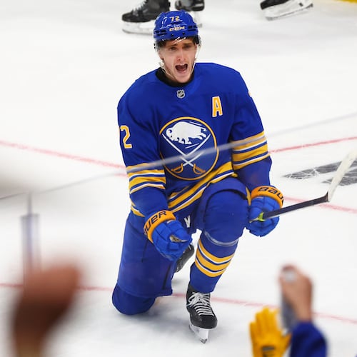Buffalo Sabres center Tage Thompson (72) celebrates his goal during the third period in Game 1 of a first-round NHL hockey Stanley Cup playoff series against the Boston Bruins, Sunday, April 19, 2026, in Buffalo, N.Y. (AP Photo/Jeffrey T. Barnes)