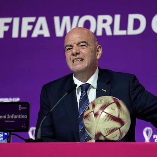 FILE - FIFA President Gianni Infantino gestures as he meets the media at the FIFA World Cup closing press conference in Doha, Qatar, Friday, Dec. 16, 2022. (AP Photo/Martin Meissner, File)