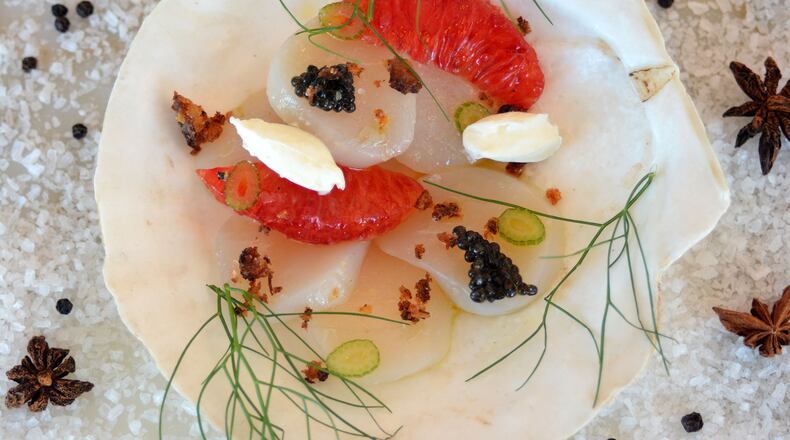 Scallop Crudo with Blood Orange, Rye, Creme Fraiche & UGA Caviar from St. Cecilia / STYLED BY, Craig Richards/ChefCONTRIBUTED BY, ADRIENNE HARRIS/SPECIAL