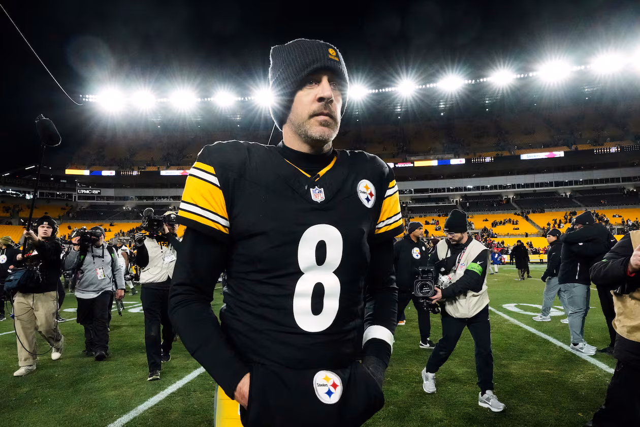Steelers quarterback Aaron Rodgers leaves the field after an NFL wild-card playoff game against the Texans on Monday, Jan. 12, 2026, in Pittsburgh. The Falcons will face Rodgers on the road before he’s had any wear and tear on his body. (Gene J. Puskar/AP)
