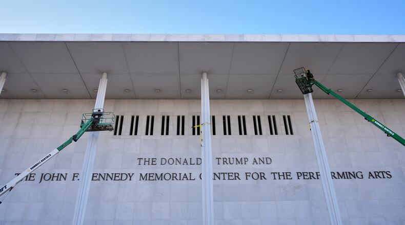 FILE New signage, The Donald J. Trump and The John F. Kennedy Memorial Center For The Performing Arts, is unveiled on the Kennedy Center, Dec. 19, 2025, in Washington. (AP Photo/Jacquelyn Martin, file)