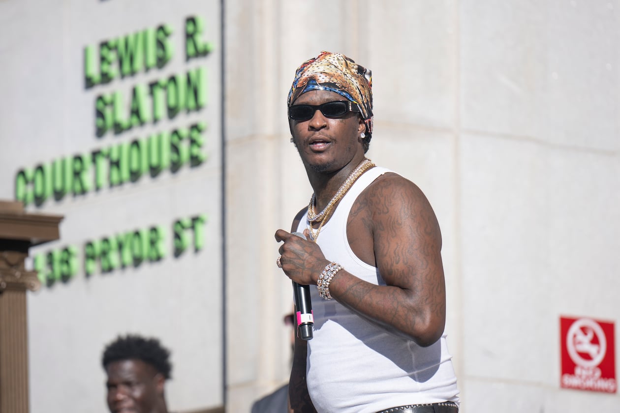 Young Thug performs during a free concert outside of the Fulton County Courthouse on Sunday, Sept. 28, 2025, in Atlanta. Several items were seized from the rapper’s home after his 2022 arrest on gang and racketeering charges. (Prince Williams/WireImage 2025)