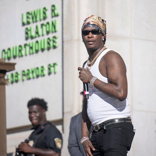 Young Thug performs during a free concert outside of the Fulton County Courthouse on Sunday, Sept. 28, 2025, in Atlanta. Several items were seized from the rapper’s home after his 2022 arrest on gang and racketeering charges. (Prince Williams/WireImage 2025)