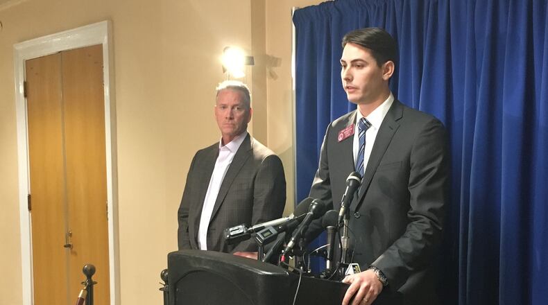 Tom Glavine and state Rep. Trey Kelley. AJC/Greg Bluestein