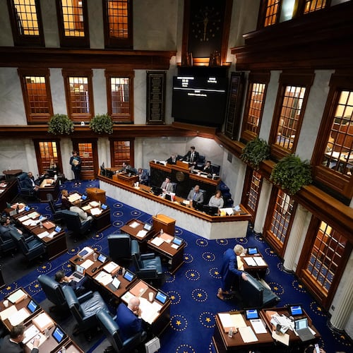 FILE - Senators meet in the senate chamber at the Statehouse, Feb. 1, 2024, in Indianapolis. (AP Photo/Darron Cummings, file)