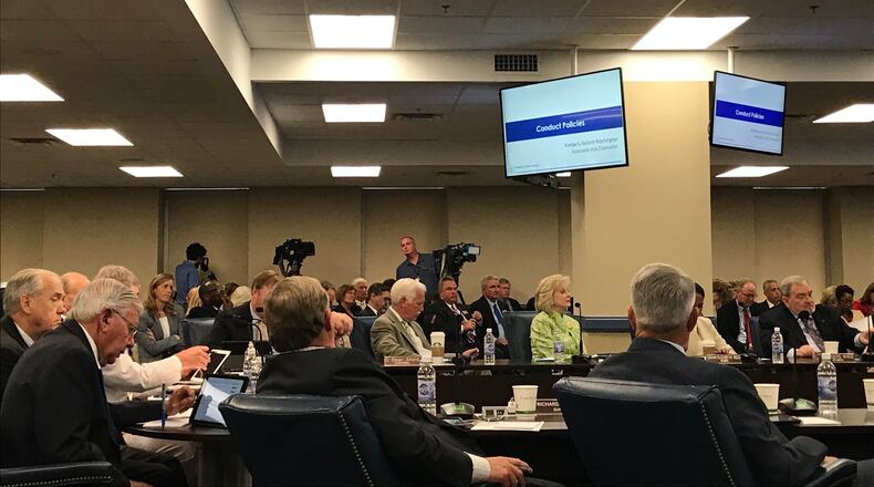 Georgia Board of Regents members listen to a staff presentation on proposed changes to its sexual misconduct policy for public colleges and universities. ERIC STIRGUS/ESTIRGUS@AJC.COM