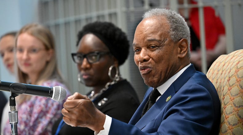 U.S. Rep. David Scott speaks as he sits along with other guest speakers from Social Security, Medicare, Medicaid, Veteran Affairs, Internal Revenue Service, and other government agencies, at Christian City, Thursday, August 10, 2023, in Union City. Christian City, a local nonprofit with a 500-acre campus designed to uplift vulnerable citizens, is hosting a meet and greet with Congressman David Scott, U.S. representative for Georgia’s 13th District.