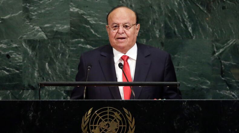 FILE - President Abdrabbuh Mansour Hadi of Yemen addresses the United Nations General Assembly, at U.N. headquarters, Thursday, Sept. 21, 2017. (AP Photo/Richard Drew, File)