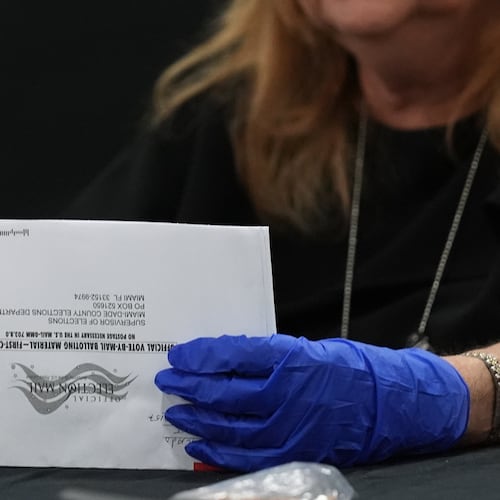 An election worker sorts vote-by-mail ballots at the Miami-Dade County Supervisor of Elections Office for the Florida primary election in Doral, Fla., Tuesday, Aug. 18, 2026. (AP Photo/Lynne Sladky)