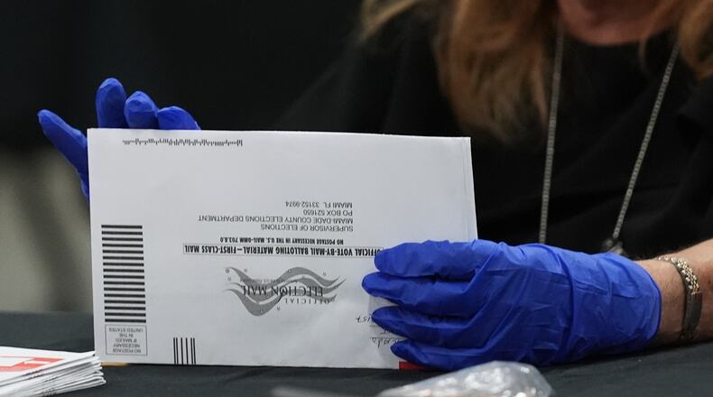 An election worker sorts vote-by-mail ballots at the Miami-Dade County Supervisor of Elections Office for the Florida primary election in Doral, Fla., Tuesday, Aug. 18, 2026. (AP Photo/Lynne Sladky)