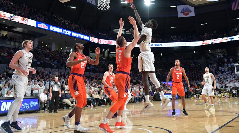 January 28, 2018 Atlanta - Georgia Tech forward Abdoulaye Gueye (34) shoots over Clemson forward Mark Donnal (5) during the second in a NCAA college basketball game at McCamish Pavilion in Atlanta on Sunday, January 28, 2018. Clemson won 72-70 over the Georgia Tech. HYOSUB SHIN / HSHIN@AJC.COM