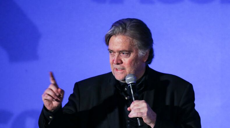 Steve Bannon, former strategist for President Donald Trump, speaks at the California Republican Convention in Anaheim, Calf., on Friday. AP/Ringo H.W. Chiu