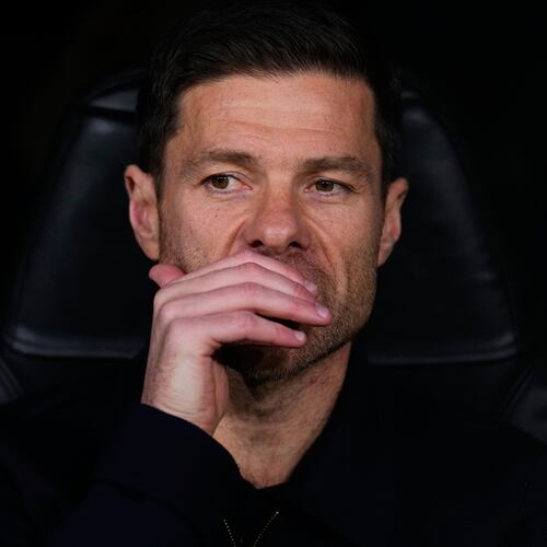 Real Madrid's head coach Xabi Alonso sits at the bench before a Champions League opening phase soccer match between Real Madrid and Manchester City, in Madrid, Spain, Wednesday, Dec. 10, 2025. (AP Photo/Manu Fernandez)