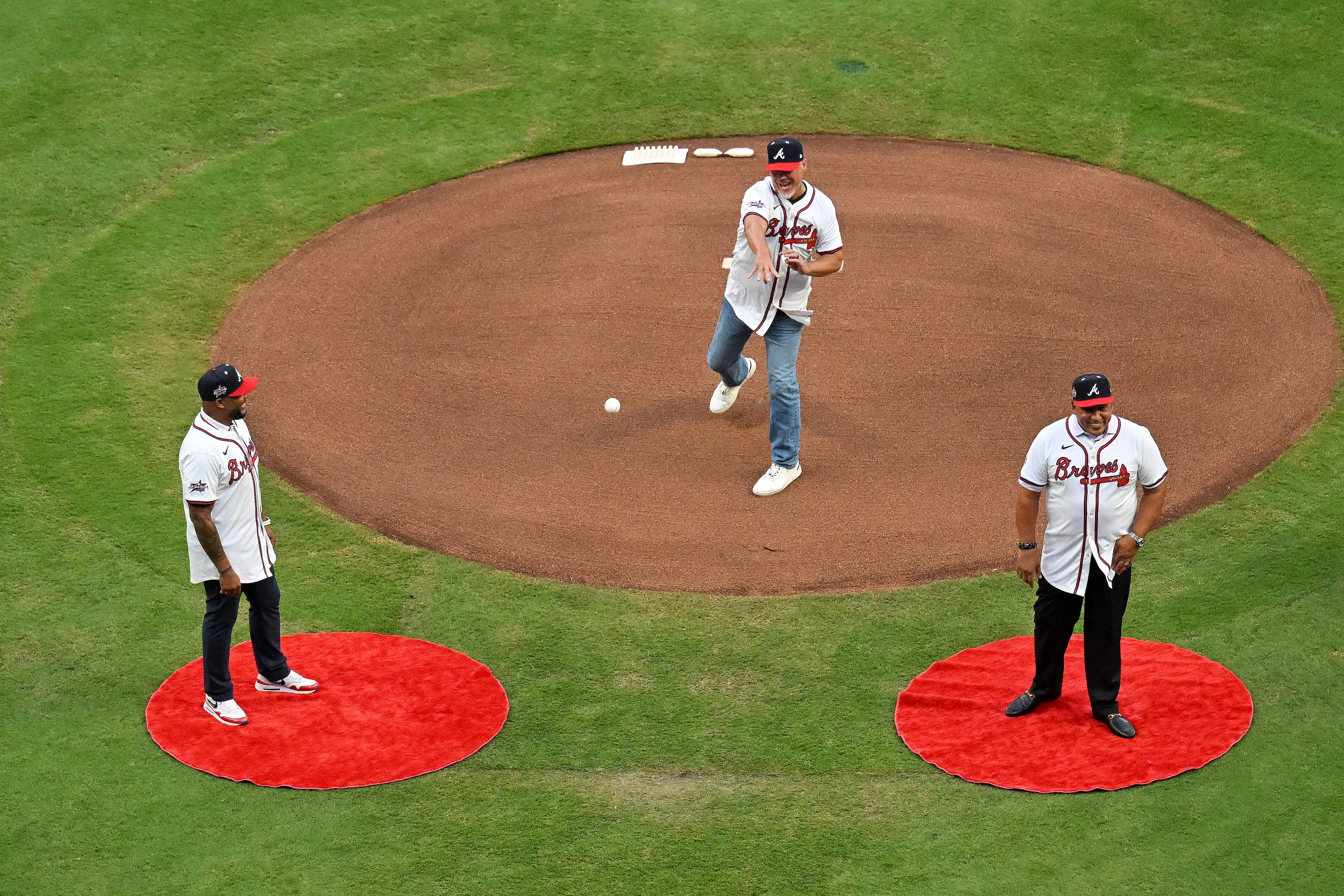 Atlanta Braves baseball great Chipper Jones throws out the ceremonial first pitch of the MLB All-Star Game at Truist Park in Atlanta on Tuesday, July 15, 2025. (Hyosub Shin/AJC)