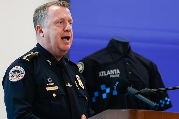 Atlanta Police Department Chief Darin Schierbaum — pictured during a news conference unveiling new APD uniforms in July — urged fans and residents who sees anything suspicious to alert law enforcement as soon as possible. (Abbey Cutrer/AJC 2025)