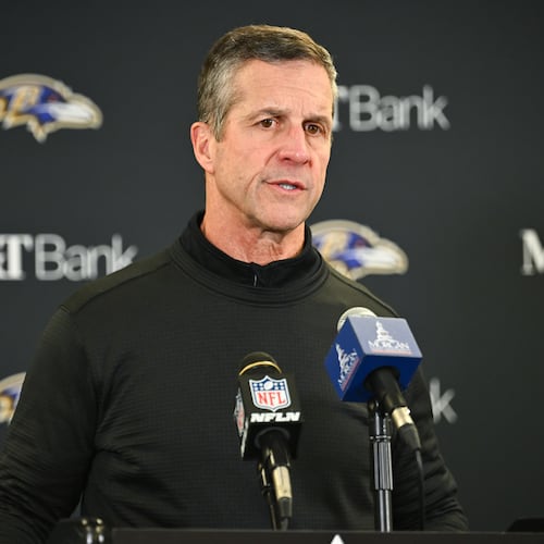 The Falcons announced that they interviewed former Ravens head coach John Harbaugh, shown here speaking after a game against the Steelers, on Monday. His camp terms the call with Matt Ryan as “informal” talks over the phone. (Justin Berl/AP)