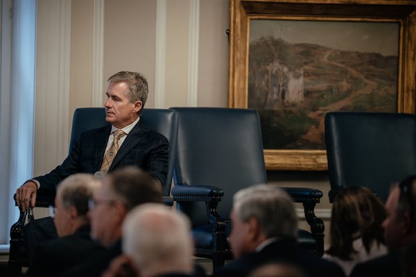 Keith Creel, president and CEO of Canadian Pacific Kansas City, presents “The Union Pacific Norfolk Southern Merger: CPKC’s Alternative View,” during Railway Age’s Next Generation Freight Rail conference at the Union League Club of Chicago on March 10, 2026, in Chicago. (Jamie Kelter Davis for the AJC)