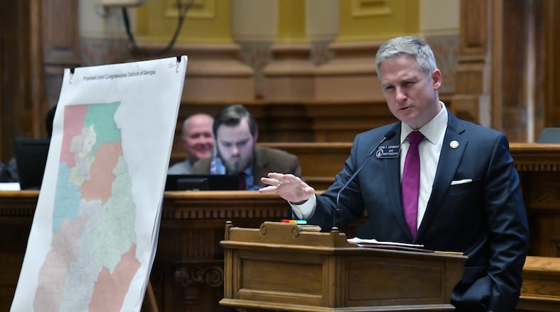Sen. John Kennedy, R-Macon, presents a newly drawn congressional map in the Senate chamber during a special session at the Georgia State Capitol in Atlanta in November 2021. (Hyosub Shin / Hyosub.Shin@ajc.com)