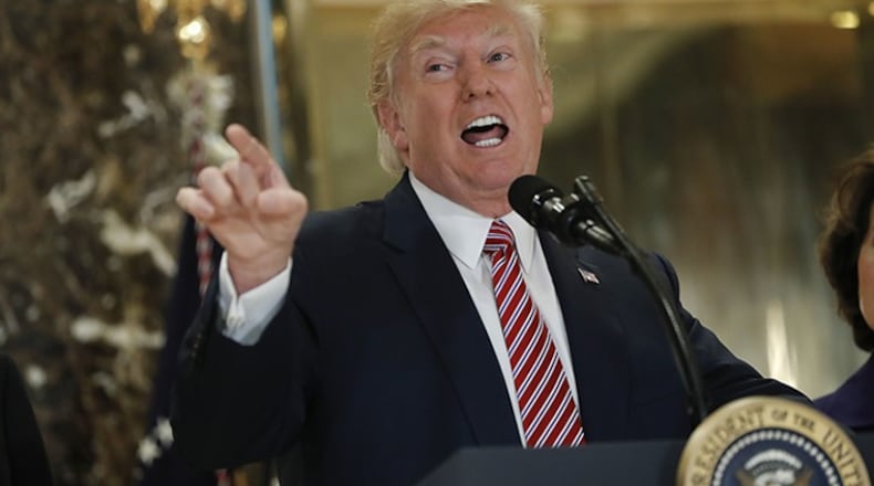 President Donald Trump speaks to the media in the lobby of Trump Tower, Tuesday, New York. (AP Photo / Pablo Martinez Monsivais)