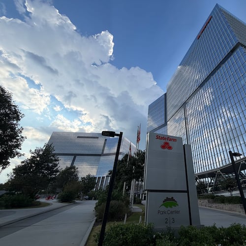 The Park Center 2 and 3 towers in Dunwoody, which are occupied by insurance giant State Farm, have been listed for sale. The towers were photographed Monday, Sept. 21, 2026. (J. Scott Trubey/AJC)