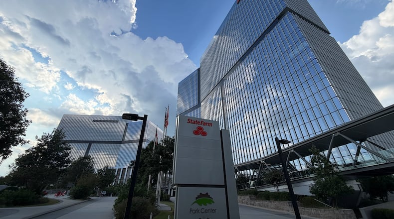 The Park Center 2 and 3 towers in Dunwoody, which are occupied by insurance giant State Farm, have been listed for sale. The towers were photographed Monday, Sept. 21, 2026. (J. Scott Trubey/AJC)