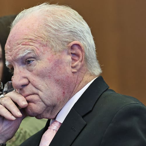 Defense attorney Kevin Reddington and defendant Lindsay Clancy listen to Judge William Sullivan speak with the jury after declaring a mistrial at court in Plymouth, Mass., on Friday, Sept. 4, 2026. (Greg Derr/The Patriot Ledger via AP, Pool)