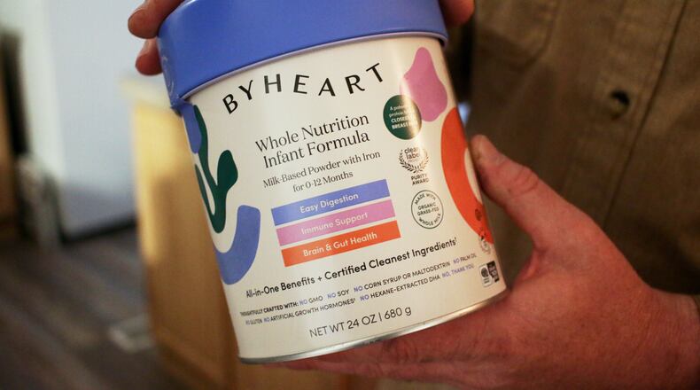 FILE - A container of ByHeart baby formula, which was recently recalled by ByHeart, in Flagstaff, Ariz., on Wednesday, Nov. 12, 2025. (AP Photo/Cheyanne Mumphrey, File)