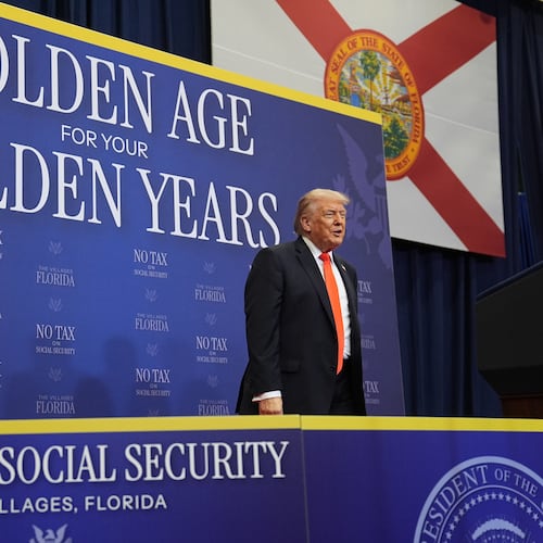 President Donald Trump arrives to speak at a charter school in The Villages, Fla., Friday, May 1, 2026. (AP Photo/Matt Rourke)