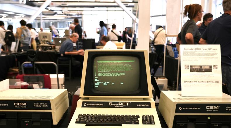 A 1981 Commodore SP9000 “Super PET” computer and floppy disk drives are displayed at the Vintage Computer Festival in Mountain View, Calif., Sunday, Aug. 2, 2026. (AP Photo/Terry Chea)