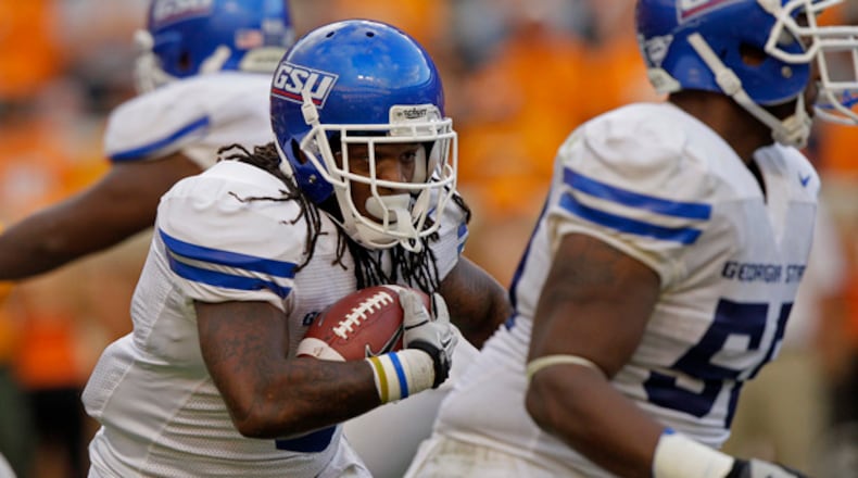 Georgia State Panthers running back Rosevelt Watson (3) runs for yardage during an NCAA college football game against the Tennessee Volunteers on Saturday, Sept. 8, 2012, in Knoxville, Tenn. Tennessee won 51-13. (AP Photo/Wade Payne)