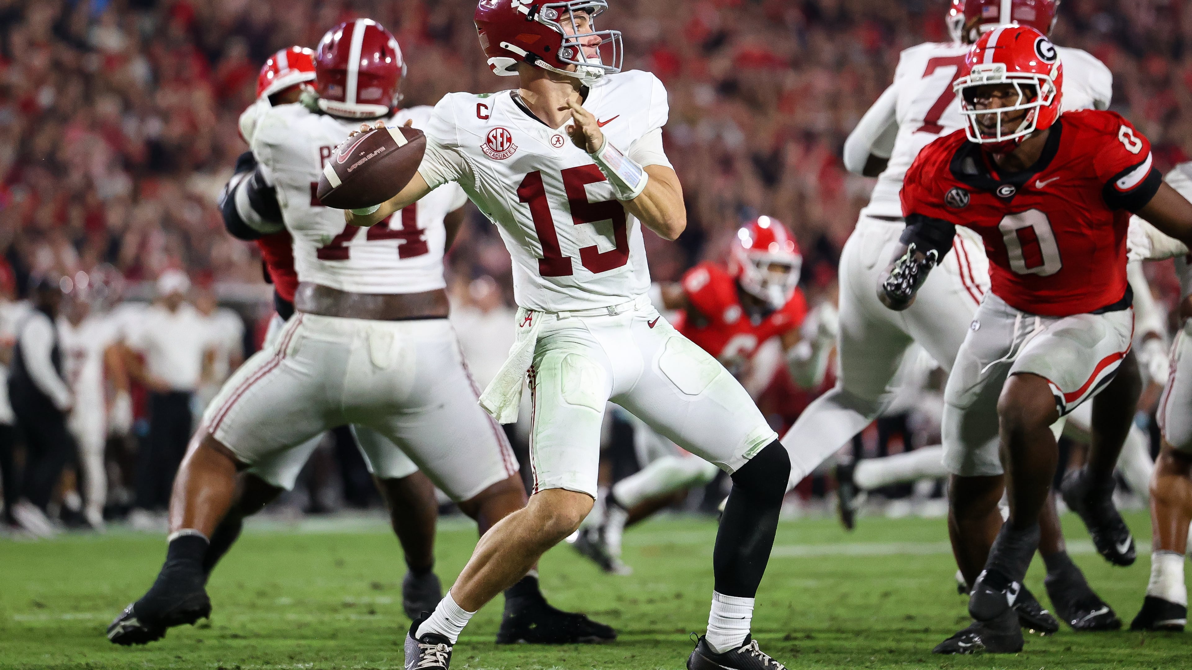 Alabama Crimson Tide quarterback Ty Simpson (15) throws a pass during the second half of an NCAA college football game against Georgia, Saturday, Sept. 27, 2025, in Athens, Ga. (AP Photo/Colin Hubbard)