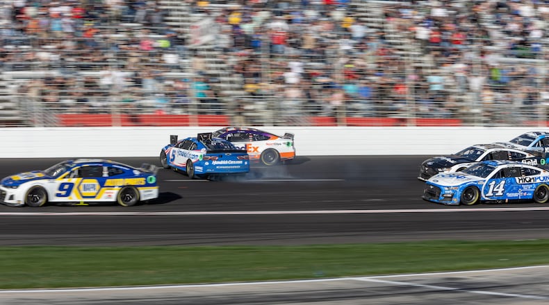 Kyle Larson (#5) crashes at the Folds of Honor QuikTrip 500 NASCAR cup series race at Atlanta Motor Speedway in Hampton, GA., on Sunday, March 20, 2022. (Photo/Jenn Finch)