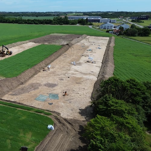 An aerial shot shows an archaeological site in Soften near Aarhus, Denmark, on June 22, 2026. (AP Photo/James Brooks)