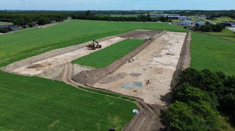 An aerial shot shows an archaeological site in Soften near Aarhus, Denmark, on June 22, 2026. (AP Photo/James Brooks)