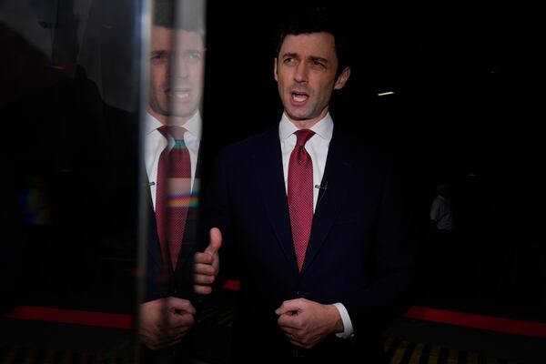 Sen. Jon Ossoff, D-Ga., speaks during an interview at Dobbins Air Reserve Base, Saturday, April 26, 2025, in Marietta, Ga. (AP Photo/Brynn Anderson)