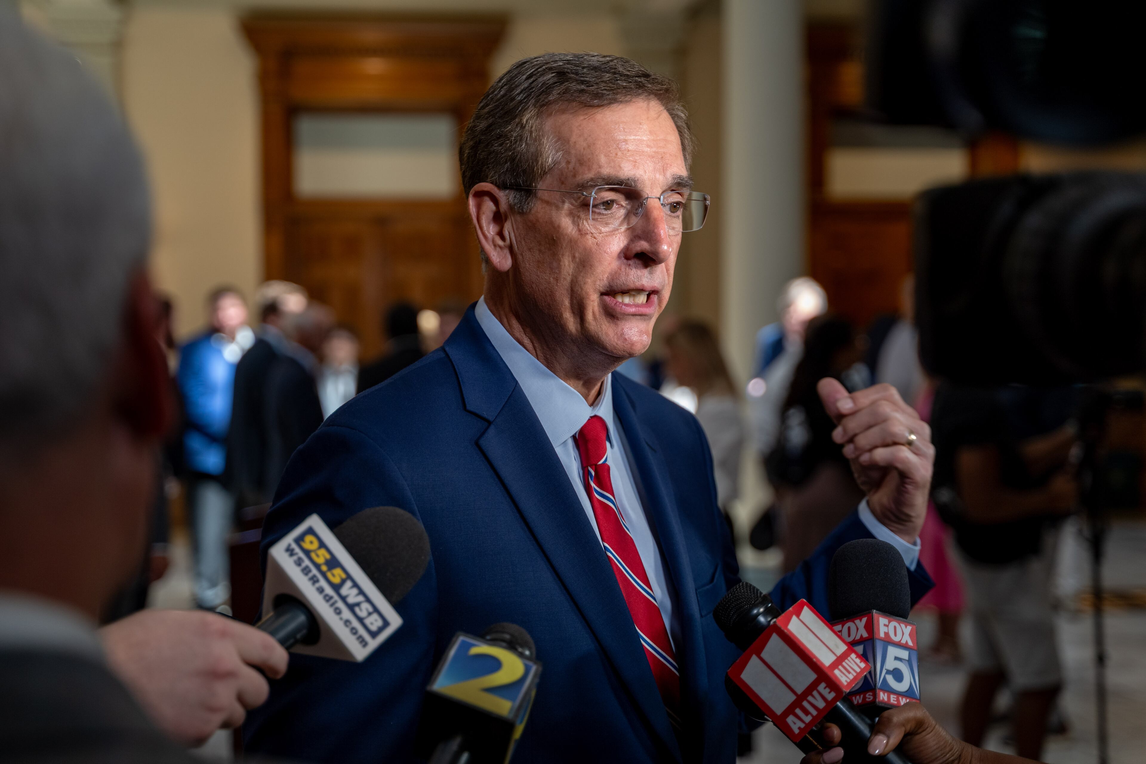 Georgia Secretary of State Brad Raffensperger speaks to the media in the state Capitol south atrium, Wednesday, July 16, 2025 (Ben Hendren for the AJC)