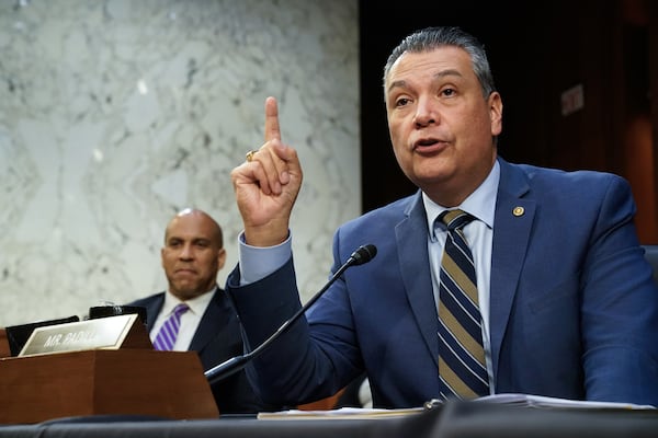 State Sen. Alex Padilla (right), D-Calif., is pictured at a committee hearing in Washington in 2022. (TNS)