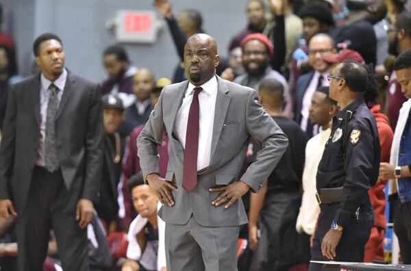 Morehouse head coach Grady Brewer reacts during a basketball game against the Clark Atlanta at Clark Atlanta University's L.C. Epps gymnasium on on Thursday, February 8, 2018. Morehouse won 97- 96 in triple-overtime. HYOSUB SHIN / HSHIN@AJC.COM