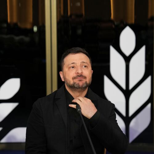 Ukraine's President Volodymyr Zelenskyy attends the EU Summit in Ayia Napa, Cyprus, Thursday, April 23, 2026. (AP Photo/Petros Karadjias)