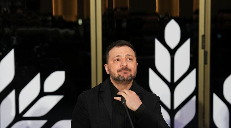 Ukraine's President Volodymyr Zelenskyy attends the EU Summit in Ayia Napa, Cyprus, Thursday, April 23, 2026. (AP Photo/Petros Karadjias)