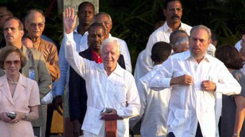 Jimmy Carter and Fidel Castro during a 2002 visit. AP Photo.