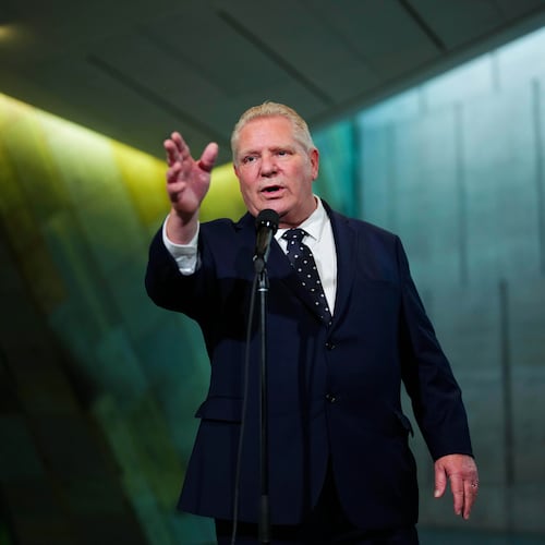 FILE - Ontario Premier Doug Ford speaks to reporters following the First Ministers Meeting at the National War Museum March 21, 2025, in Ottawa, Canada. (Sean Kilpatrick/The Canadian Press via AP, File)