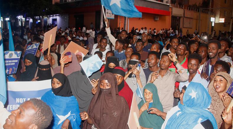 People protest against Israel’s recognition of the self-declared Republic of Somaliland in Mogadishu, Somalia, Thursday, Jan. 8, 2026. (AP Photo/Farah Abdi Warsameh)