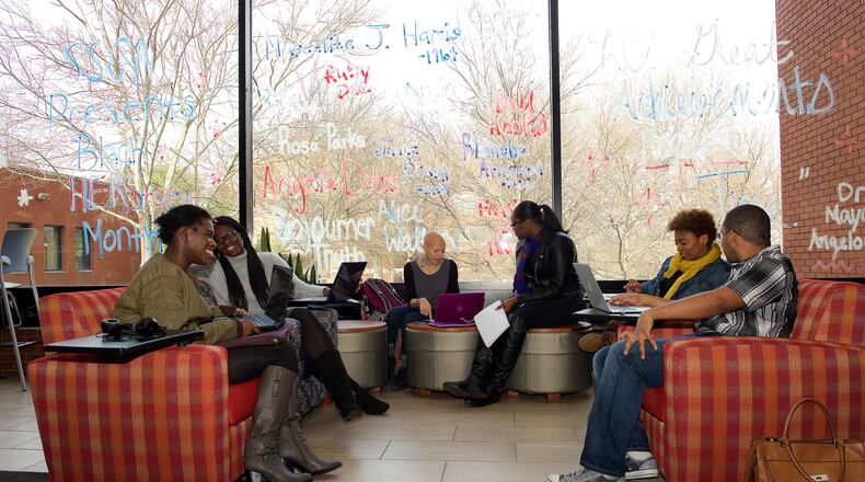 Spelman was also in the second spot on HBCU Money's ranking of endowments last year. Student volunteers at Spelman, pictured here, gathered earlier this year to lay the groundwork for the launch of My Sisters Keeper health program.  (JOHN GLENN/john@jglennphoto.com)