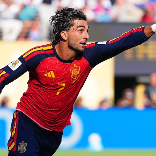 Spain's Ferran Torres (7) celebrates scoring their first goal during the World Cup final soccer match between Spain and Argentina in East Rutherford, N.J., near New York, Sunday, July 19, 2026. (AP Photo/Julio Cortez)