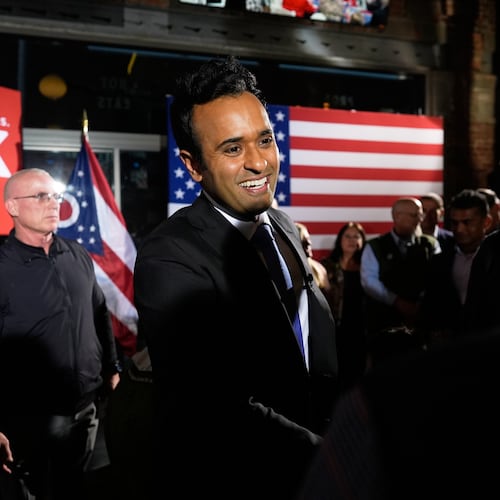 Republican Ohio gubernatorial candidate Vivek greets supporters during a watch party at the Spruce St. Sporting sports bar after winning the party's nomination for governor Tuesday, May 5, 2026, in Columbus. (AP Photo/Carolyn Kaster)