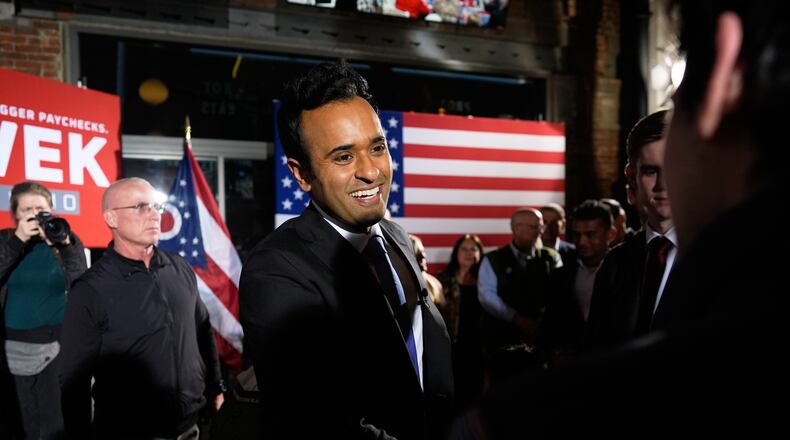 Republican Ohio gubernatorial candidate Vivek greets supporters during a watch party at the Spruce St. Sporting sports bar after winning the party's nomination for governor Tuesday, May 5, 2026, in Columbus. (AP Photo/Carolyn Kaster)